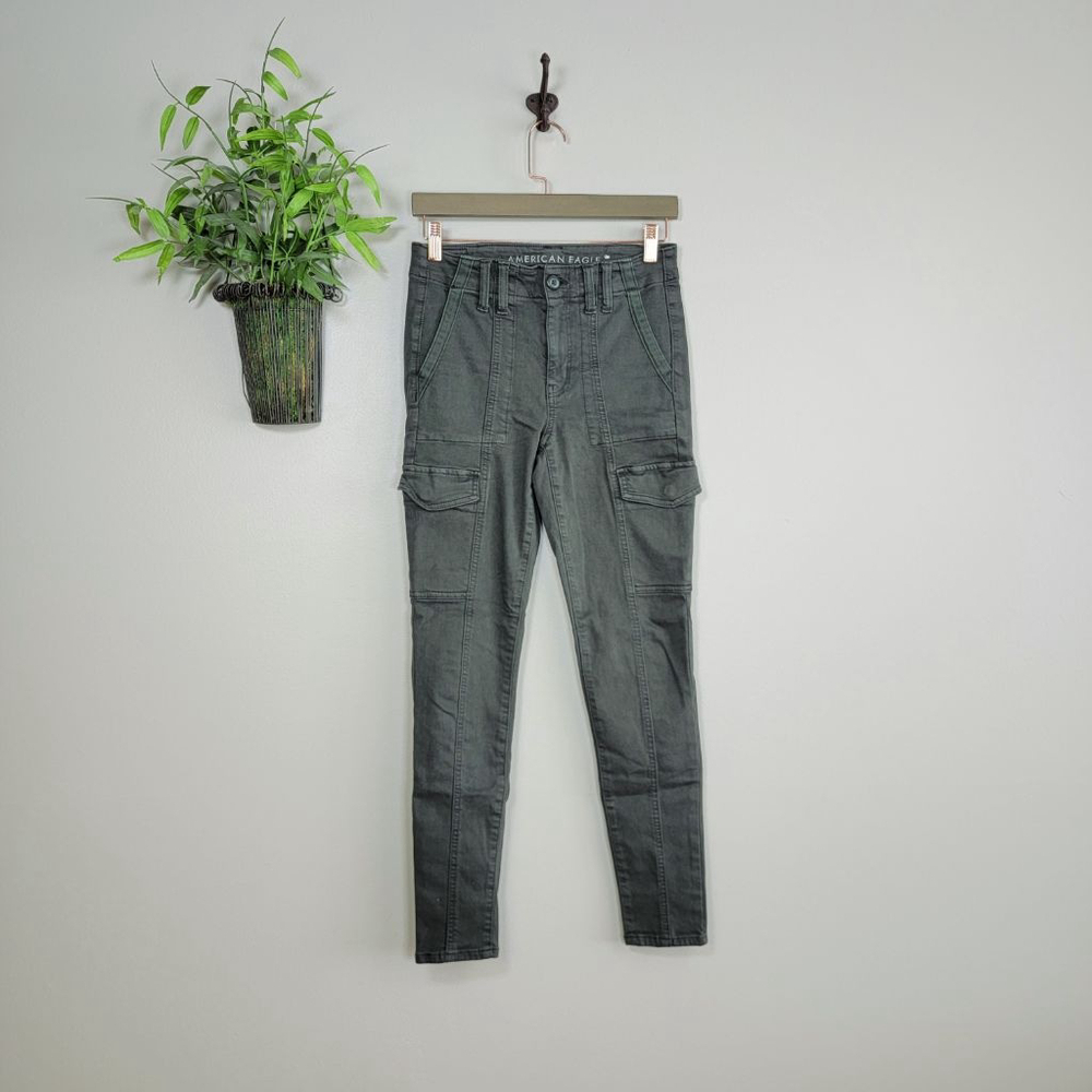 American Eagle Skinny Cargo Utility Jeans Pants Hi Rise Jegging Dark Green AE 4